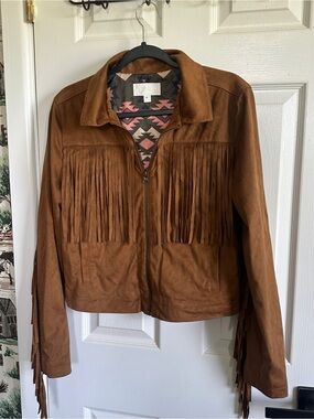 Fringed Brown Faux Suede Zip-Front Leather Jacket